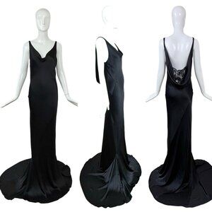 LES HABITUDES 2016 Black Liquid Silk Cowl Evening Gown Lace Maxi Dress